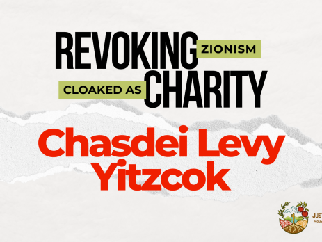 Light beige/grey background with a ripped strip of paper through the centre. Text reads: REVOKING ZIONISM CLOAKED AS CHARITY: Chasdei Levy Yitzcok