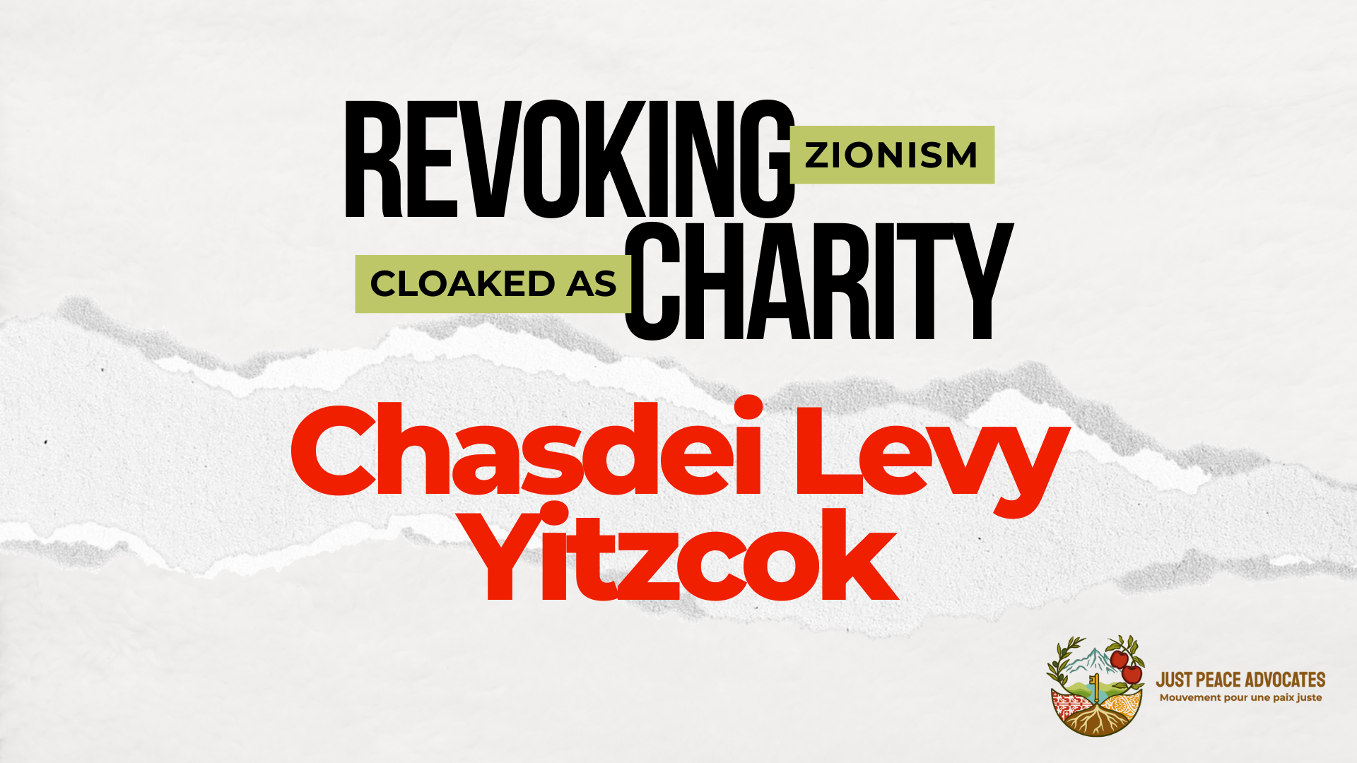 Light beige/grey background with a ripped strip of paper through the centre. Text reads: REVOKING ZIONISM CLOAKED AS CHARITY: Chasdei Levy Yitzcok