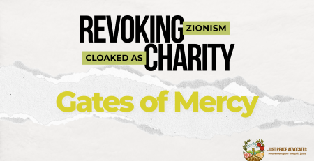 Light beige/grey background with a ripped strip of paper through the centre. Text reads: REVOKING ZIONISM CLOAKED AS CHARITY: Gates of Mercy