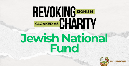 Light beige/grey background with a ripped strip of paper through the centre. Text reads: REVOKING ZIONISM CLOAKED AS CHARITY: Jewish National Fund