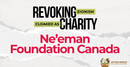 Light beige/grey background with a ripped strip of paper through the centre. Text reads: REVOKING ZIONISM CLOAKED AS CHARITY: Ne'eman Foundation Canada