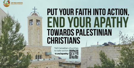 Background of buildings on a hill in Bethlehem with a church in the background and a blue sky. Text reads: Put Your Faith Into Action, End Your Apathy Towards Palestinian Christians. Tell Canadian churches to take action: tr.ee/apathy