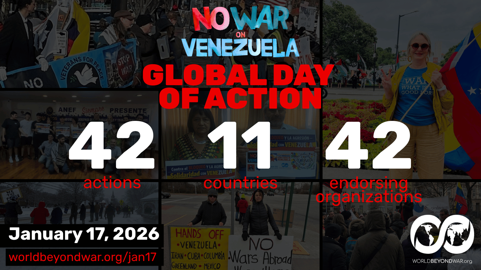 Background collage of photos from WBW's Global Day of Action on January 17, with text: No War on Venezuela Global Day of Action. 42 actions, 11 countries, 42 endorsing organizations.