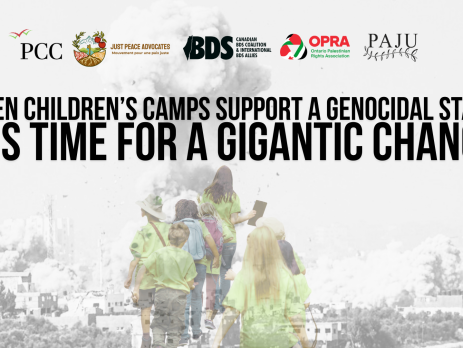 Background of a black and white photo of a bomb going off on a residential building in Gaza. Overlayed is a faint image of summer campers in matching teachers walking in a semi-formed line. Text reads: When children’s camps support a genocidal state, it’s time for a gigantic change