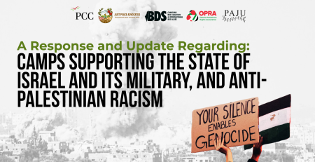 Background of a black and white photo of a bomb going off on a residential building in Gaza. Overlayed is an image of a protest sign that reads "Your silence enables genocide" and a Palestinian flag poster. Text reads: A Response and Update Regarding: Camps supporting the state of Israel and its military, and anti-Palestinian racism