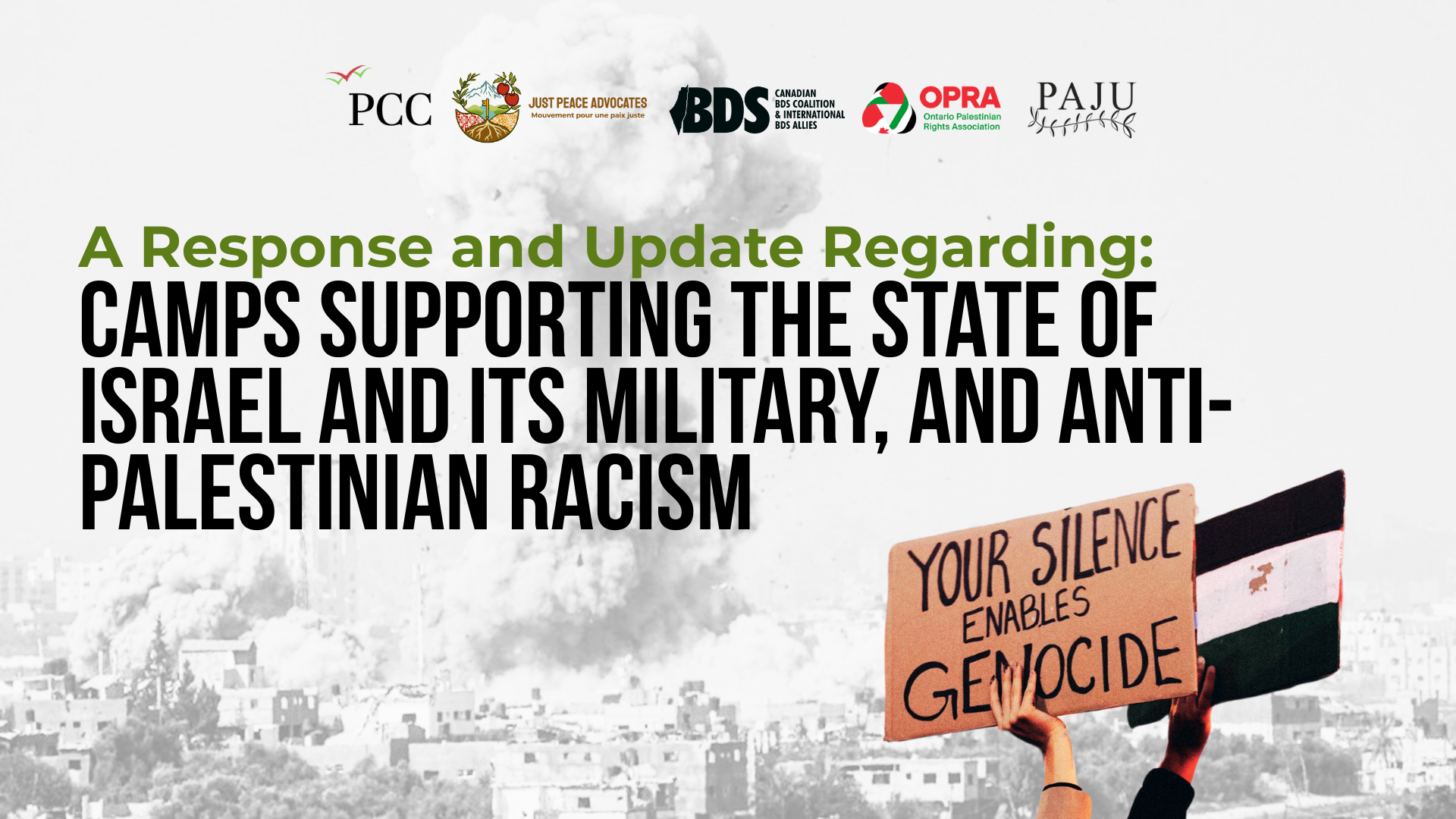 Background of a black and white photo of a bomb going off on a residential building in Gaza. Overlayed is an image of a protest sign that reads "Your silence enables genocide" and a Palestinian flag poster. Text reads: A Response and Update Regarding: Camps supporting the state of Israel and its military, and anti-Palestinian racism