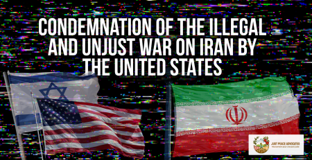 Black background with tv static, with a faint Israeli and US flag on the left and an Iranian flag on the right. With the title: Condemnation of the Illegal and Unjust War on Iran by the United States