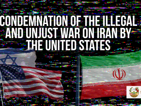 Black background with tv static, with a faint Israeli and US flag on the left and an Iranian flag on the right. With the title: Condemnation of the Illegal and Unjust War on Iran by the United States