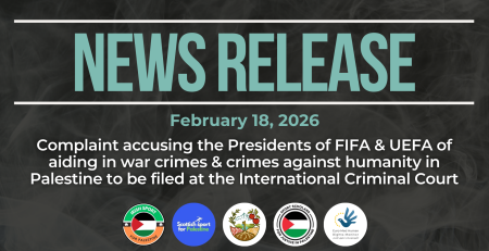 Dark background with nearly transparent white wispy smoke. Bright blue text reads: NEWS RELEASE February 18, 2026. Complaint accusing the Presidents of FIFA & UEFA of aiding in war crimes & crimes against humanity in Palestine to be filed at the International Criminal Court