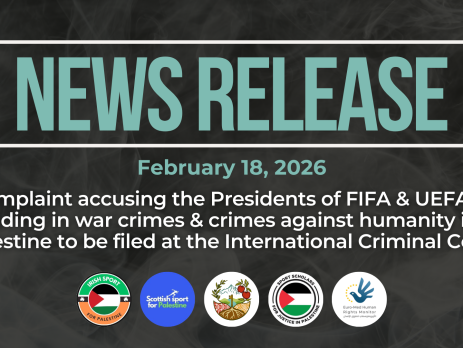 Dark background with nearly transparent white wispy smoke. Bright blue text reads: NEWS RELEASE February 18, 2026. Complaint accusing the Presidents of FIFA & UEFA of aiding in war crimes & crimes against humanity in Palestine to be filed at the International Criminal Court