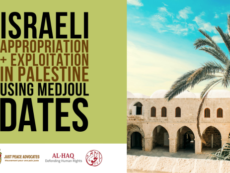 Green background with a photo of a date palm on the left, with most of the dates covered in bags. Title: Israeli Appropriation and Exploitation in Palestine Using Medjoul Dates with the logos for Just Peace Advocates and Al-Haq at the bottom left