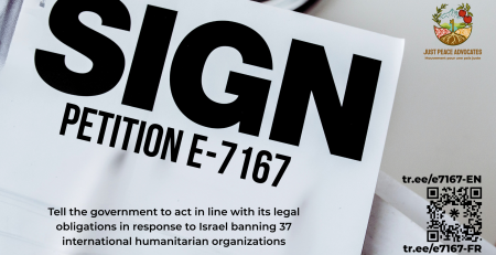 Photo of a piece of paper on a title with bold black title: SIGN PETITION E-7167. Tell the government to act in line with its legal obligations in response to Israel banning 37 international humanitarian organizations