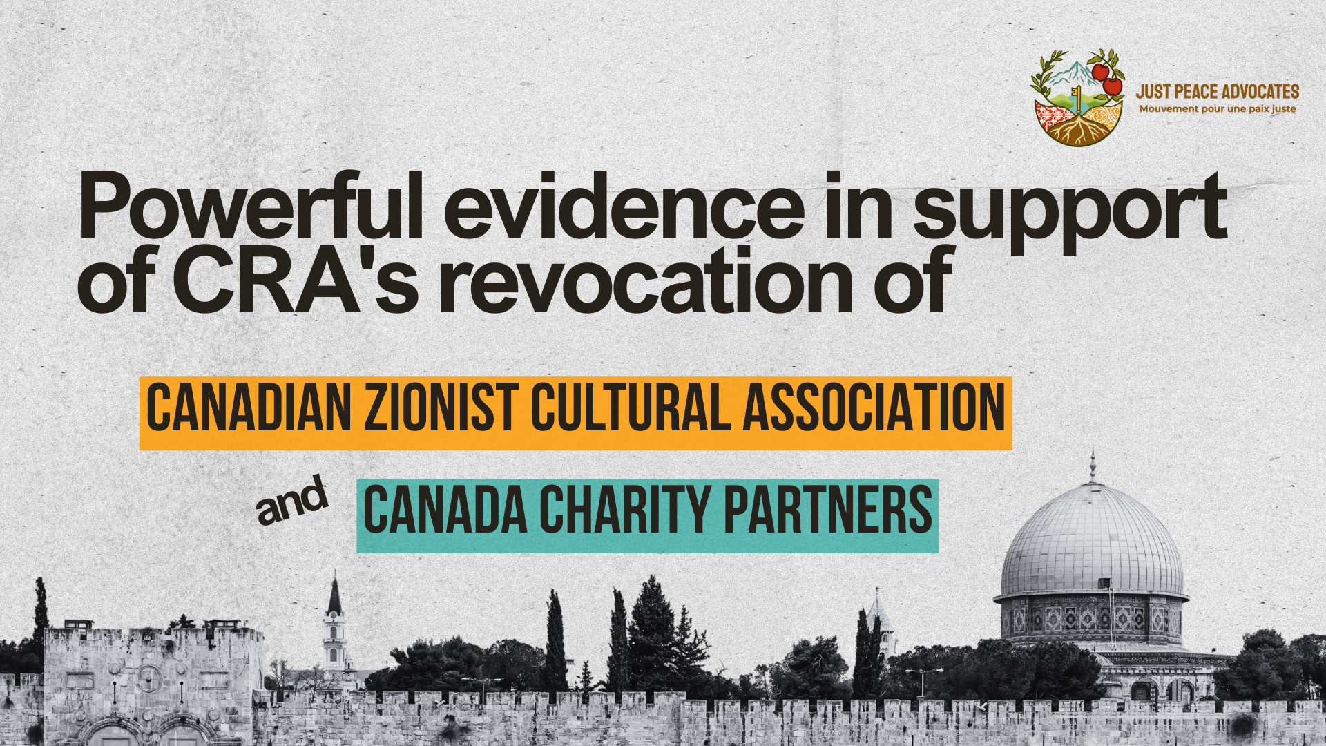 Along the bottom of the photo is a photo of the wall surrounding Al Aqsa Mosque. with text reading: Powerful evidence in support of CRA's revocation of CZCA and CCP