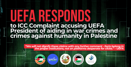 Background is an aerial view of a soccer pitch with text overlaying that reads: UEFA responds to ICC Complaint accusing UEFA President of aiding in war crimes and crimes against humanity in Palestine. “We will not dignify these claims with any further comment - facts belong in the proper institutions, not on platforms desperate for clicks.” – UEFA