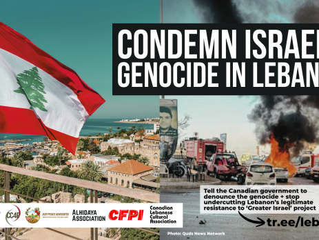 Background of two photos, on the left is a photo of the coast along the Mediterranean Sea in northern Lebanon. The Lebanese flag is flying. On the right is a photo of a street in Southern Lebanon where a bomb hit a car. Ambulances and other cars are around as smoke billows upwards. Text reads: Condemn Israel’s genocide in Lebanon. Tell the Canadian government to denounce the genocide + stop undercutting Lebanon’s legitimate resistance to ‘Greater Israel’ project. tr.ee/leb
