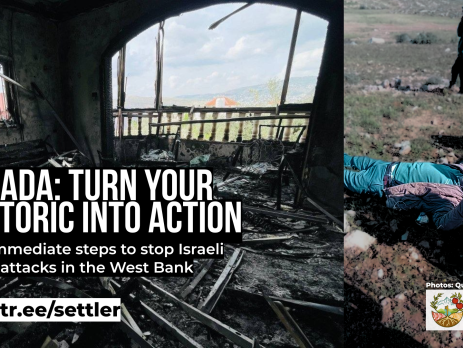 "Background has two photos: one of a house in the West Bank that appears to have been burnt extensively and largely destroyed and another of a Palestinian man lying on the ground after being attacked, holding up a peace sign. Text reads: Canada: Turn your rhetoric into action Take immediate steps to stop Israeli settler attacks in the West Bank"