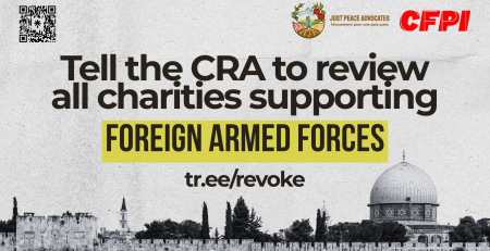 Along the bottom of the photo is a photo of the wall surrounding Al Aqsa Mosque. with text reading: Tell the CRA to review all charities supporting foreign armed forces