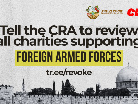 Along the bottom of the photo is a photo of the wall surrounding Al Aqsa Mosque. with text reading: Tell the CRA to review all charities supporting foreign armed forces