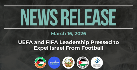 Dark background with nearly transparent white wispy smoke. Bright blue text reads: NEWS RELEASE March 16, 2026. UEFA AND FIFA LEADERSHIP PRESSED TO EXPEL ISRAEL FROM FOOTBALL