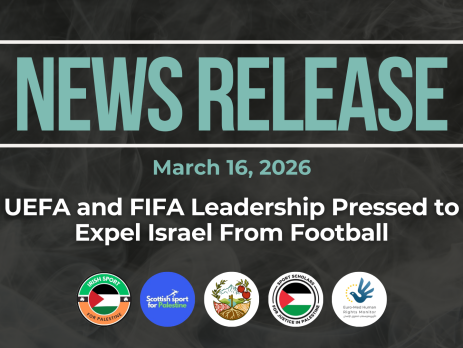Dark background with nearly transparent white wispy smoke. Bright blue text reads: NEWS RELEASE March 16, 2026. UEFA AND FIFA LEADERSHIP PRESSED TO EXPEL ISRAEL FROM FOOTBALL