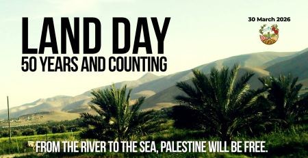 Background of beautiful rolling hills in Jericho. The hills are green with grass and date palms in the foreground. Text reads: Land Day. 50 Years and Counting.from the river to the sea, Palestine will be free.