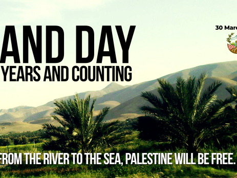 Background of beautiful rolling hills in Jericho. The hills are green with grass and date palms in the foreground. Text reads: Land Day. 50 Years and Counting.from the river to the sea, Palestine will be free.