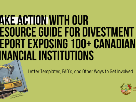 Green background with black text: Take action with our resource guide for divestment report exposing 100+ Canadian financial institutions. Letter Templates, FAQ’s, and Other Ways to Get Involved In the bottom right is a photo of the apartheid wall in the occupied West Bank, with a painting by Taqi Spateen of an Israeli bulldozer attempting to destroy a Palestinian house.