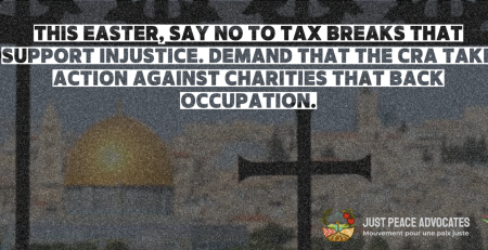 Background photo is of Al Aqsa Mosque, with a cross in the front and text reads: This Easter, say no to tax breaks that support injustice. Demand that the CRA take action against charities that back occupation.