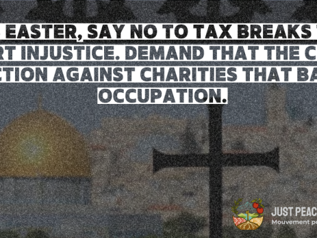 Background photo is of Al Aqsa Mosque, with a cross in the front and text reads: This Easter, say no to tax breaks that support injustice. Demand that the CRA take action against charities that back occupation.