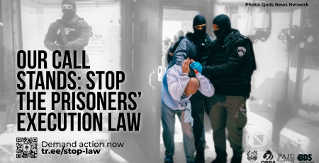 `Background photo from Quds News Network of multiple israeli prison guards holding a Palestnian mans hands behind his head while he's hunched over, while walking through a door in a presumed detention centre. "Our call stands: Stop the Prisoners’ Execution Law" Demand action now: tr.ee/stop-law`