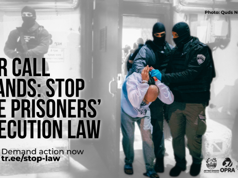 `Background photo from Quds News Network of multiple israeli prison guards holding a Palestnian mans hands behind his head while he's hunched over, while walking through a door in a presumed detention centre. "Our call stands: Stop the Prisoners’ Execution Law" Demand action now: tr.ee/stop-law`