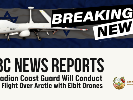 Beige background with a black and white banner that says "BREAKING NEWS". The heading reads: CBC NEWS REPORTS Canadian Coast Guard Will Conduct Test Flight Over Arctic with Elbit Drones. At the top is a photo of the Hermes 900 drone on top of faded Israeli flags