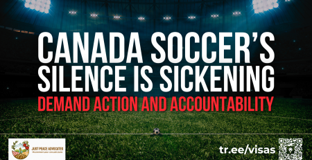 'Background of a football stadium, with stadium lights shining into the centre. Text reads "Canada Soccer’s Silence is Sickening: Demand Action and Accountability"'