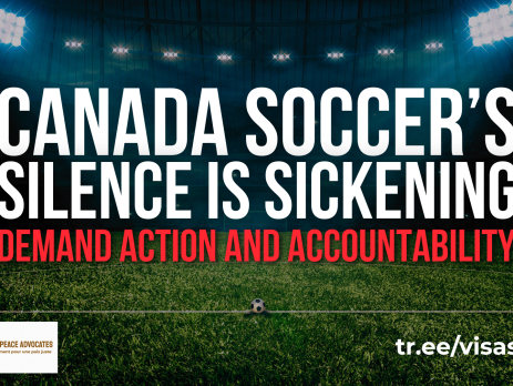'Background of a football stadium, with stadium lights shining into the centre. Text reads "Canada Soccer’s Silence is Sickening: Demand Action and Accountability"'