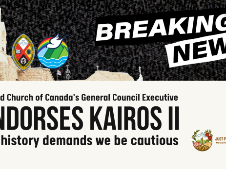 Beige background with a black and white banner that says "BREAKING NEWS". The heading reads: United Church of Canada's General Council Executive ENDORSES KAIROS II but history demands we be cautious At the top is a photo of the Church of the Nativity in Bethlehem, Palestine with a photo of two UCC logos.