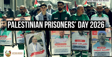 Background image of a group of individuals, mostly Palestine Red Crescent Society workers, holding signs showing their colleagues who are imprisoned or forcibly displaced by Israel. This was part of protests in Gaza City in support of Palestinian Prisoners' Day 2026. Text reads: Palestinian Prisoners’ Day 2026