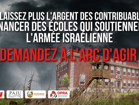 "« Photo sur fond sombre représentant un ciel orageux et nuageux. Avec le texte suivant : « Dites à l'ARC d'agir : ne laissez plus l'argent de nos impôts financer des écoles qui soutiennent l'armée israélienne. » En bas de la page figure la photo d'un avant-poste militaire israélien, avec de l'herbe au bas de l'image et un bâtiment scolaire en arrière-plan. »"