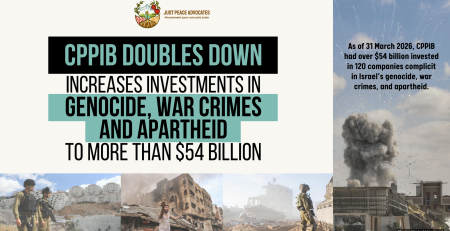 Beige background with images along the right and bottom border - images of bombs exploding on buildings in Gaza, Israeli soldiers in Gaza and the West Bank, and a Palestinian man with his arms out in desperation in front of a destroyed building. Text reads "CPPIB Doubles Down, Increases Investments in Genocide, War crimes, and Apartheid to More Than $54 Billion. As of 31 March 2026, CPPIB had over $54 billion invested in 120 companies complicit in Israel’s genocide, war crimes, and apartheid.
