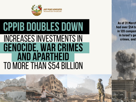 Beige background with images along the right and bottom border - images of bombs exploding on buildings in Gaza, Israeli soldiers in Gaza and the West Bank, and a Palestinian man with his arms out in desperation in front of a destroyed building. Text reads "CPPIB Doubles Down, Increases Investments in Genocide, War crimes, and Apartheid to More Than $54 Billion. As of 31 March 2026, CPPIB had over $54 billion invested in 120 companies complicit in Israel’s genocide, war crimes, and apartheid.