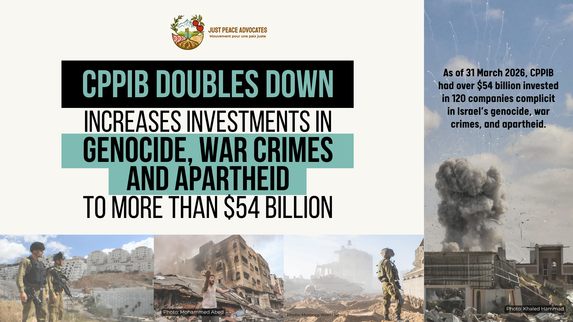 Beige background with images along the right and bottom border - images of bombs exploding on buildings in Gaza, Israeli soldiers in Gaza and the West Bank, and a Palestinian man with his arms out in desperation in front of a destroyed building. Text reads "CPPIB Doubles Down, Increases Investments in Genocide, War crimes, and Apartheid to More Than $54 Billion. As of 31 March 2026, CPPIB had over $54 billion invested in 120 companies complicit in Israel’s genocide, war crimes, and apartheid.