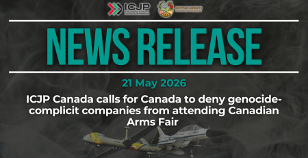 Dark background with nearly transparent white wispy smoke. Bright blue text reads: NEWS RELEASE 21 May 2026 ICJP Canada calls for Canada to deny genocide-complicit companies from attending Canadian Arms Fair