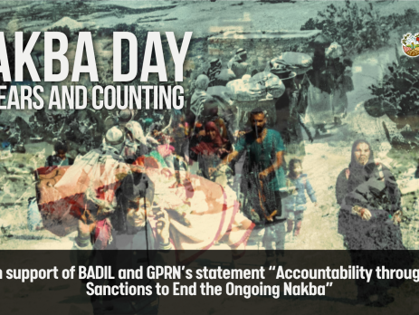 Background is two overlayed photos, one from 1948 of Palestinian refugees being forcibly displaced, and the other of a Palestinian family being forcibly displaced in Gaza in 2024. Text reads: Nakba Day 78 Years and Counting. In support of BADIL and GPRN’s statement “Accountability through Sanctions to End the Ongoing Nakba”