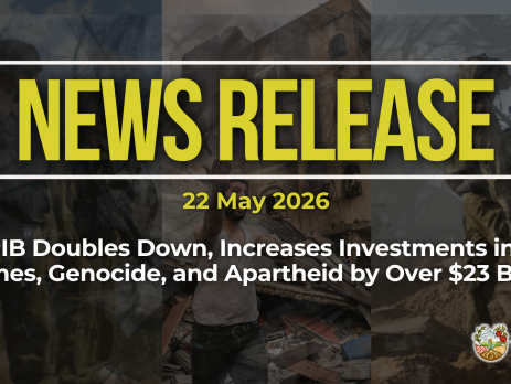 Dark background with nearly transparent white wispy smoke. Bright yellowish green text reads: NEWS RELEASE 22 May 2026 CPPIB Doubles Down, Increases Investments in War Crimes, Genocide, and Apartheid by Over $23 Billion