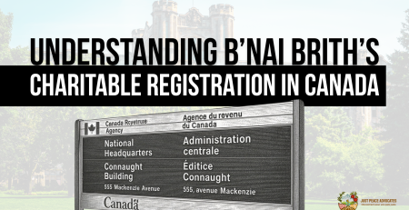 Background of an old building in Ottawa (the Connaught Building) with a stylized sign of the CRA national headquarters in the foreground. Title reads: Understanding B’nai Brith’s Charitable Registration in Canada.