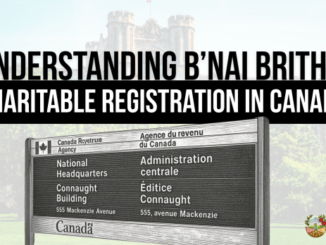 Background of an old building in Ottawa (the Connaught Building) with a stylized sign of the CRA national headquarters in the foreground. Title reads: Understanding B’nai Brith’s Charitable Registration in Canada.