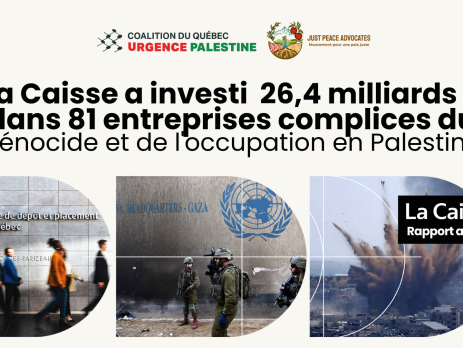 Black text: La Caisse a investi 26,4 milliards $ dans 81 entreprises complices du génocide et de l'occupation en Palestine At the bottom are three photos, one of people walking past the CDPQ sign on the side of an office building. The second of Israeli soldeirs in front of a UN sign painted on a cement wall. The third of a bomb exploding in Palestine.