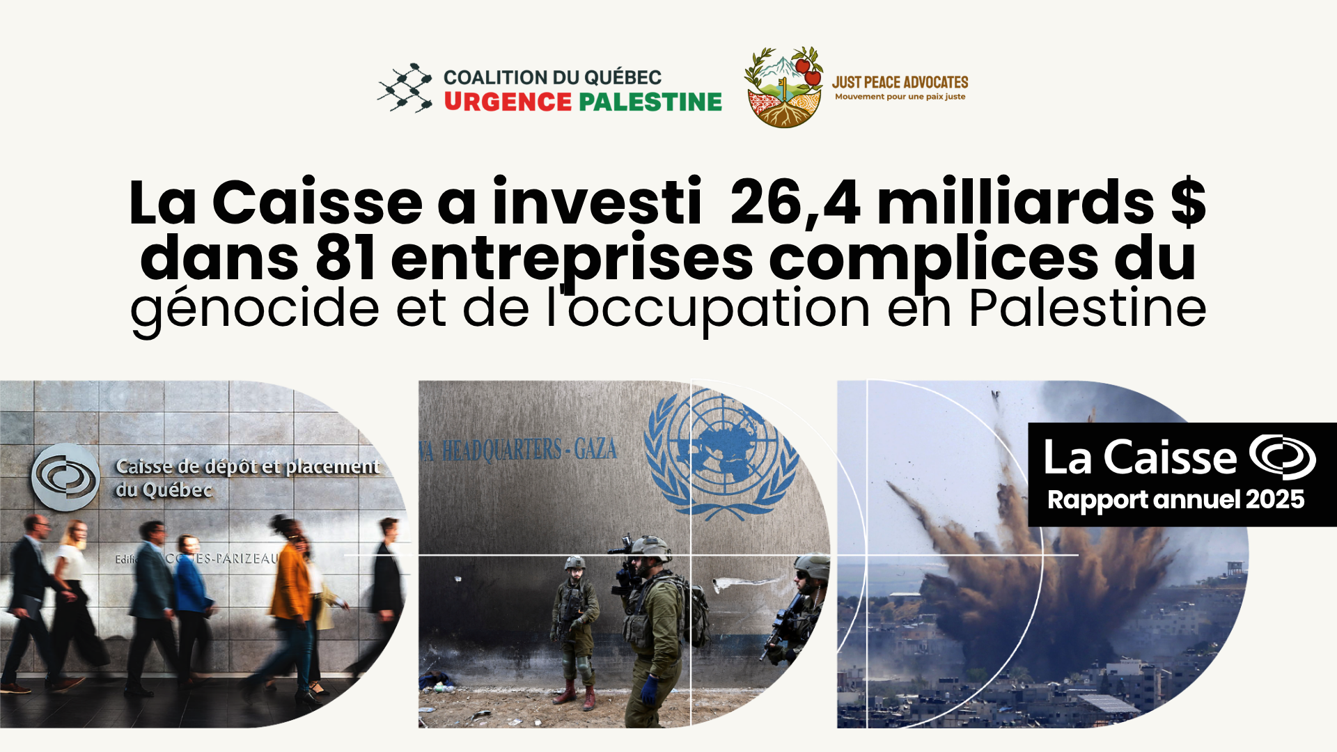 Black text: La Caisse a investi 26,4 milliards $ dans 81 entreprises complices du génocide et de l'occupation en Palestine At the bottom are three photos, one of people walking past the CDPQ sign on the side of an office building. The second of Israeli soldeirs in front of a UN sign painted on a cement wall. The third of a bomb exploding in Palestine.