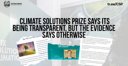 "Light background photo of a wall with the Climate Solutions Prize title in english and french. Text reads: climate solutions prize Says Its Being Transparent, But the Evidence Says Otherwise. Blow are three photos of images from the CSP and JNF sites over time.