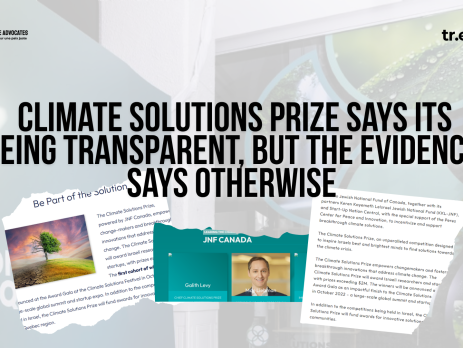 "Light background photo of a wall with the Climate Solutions Prize title in english and french. Text reads: climate solutions prize Says Its Being Transparent, But the Evidence Says Otherwise. Blow are three photos of images from the CSP and JNF sites over time.