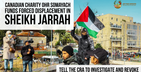 Background photo of a Palestinian teenager holding a Palestinian flag in the face of israeli police in Sheikh Jarrah. Text reads: Canadian charity Ohr Somayach funds forced displacement in Sheikh Jarrah. Tell the CRA to investigate and revoke